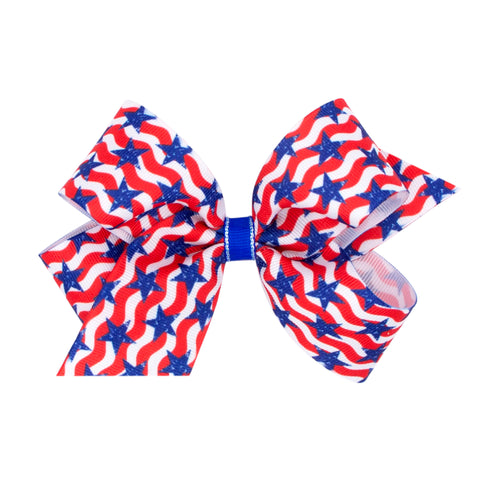 Stars w/Red Waves Printed Grosgrain Hair Bow on Clippie, Wee Ones, 4th of July, 4th of July Hair Accessory, 4th of July Hair Bow, Alligator Clip, Alligator Clip Hair Bow, cf-size-king, cf-typ