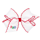 ABC Embroidered Red Moonstitch Grosgrain Hair Bow on Clippie, Wee Ones, ABC Red Embroidered Moonstitch Grosgrain Hair Bow on Clippie, Alligator Clip, Alligator Clip Hair Bow, Back To School, 