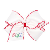 ABC Embroidered Red Moonstitch Grosgrain Hair Bow on Clippie, Wee Ones, ABC Red Embroidered Moonstitch Grosgrain Hair Bow on Clippie, Alligator Clip, Alligator Clip Hair Bow, Back To School, 