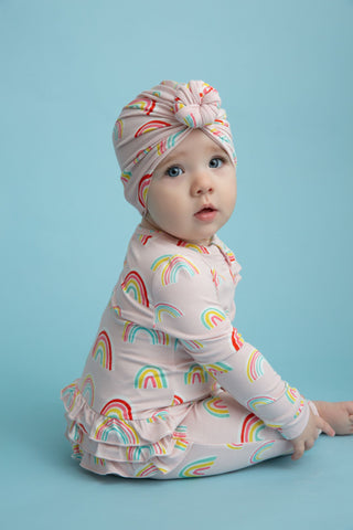 Angel Dear Pink Rainbows Ruffle Front Romper with Zipper, Angel Dear, angel Dear, Angel Dear Bamboo Ruffle Front Romper with Zipper, Angel Dear Fall 2020, Angel Dear Pink Rainbow, Angel Dear 