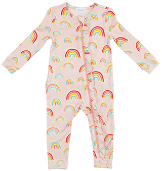 Angel Dear Pink Rainbows Ruffle Front Romper with Zipper, Angel Dear, angel Dear, Angel Dear Bamboo Ruffle Front Romper with Zipper, Angel Dear Fall 2020, Angel Dear Pink Rainbow, Angel Dear 