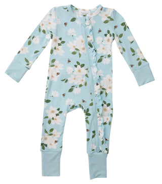 Angel Dear Magnolia Blue Bamboo Ruffle Front Zipper Romper, Angel Dear, Angel Dear, Angel Dear Magnolia Blue, Angel Dear Romper, Angel Dear Ruffle Front Zipper Romper, Angel dear Spring 2021,