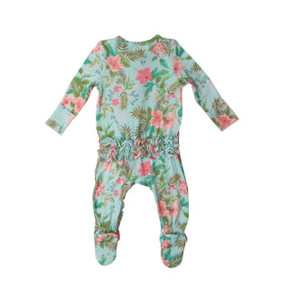 Angel Dear Blue Vintage Hibiscus Ruffle Front Zipper Footie, Angel Dear, angel Dear, Angel Dear Blue Vintage Hibiscus, Angel dear Footie, Angel Dear Ruffle Footie, Angel Dear Ruffle Front Zip