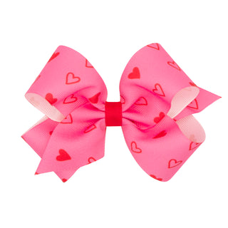 Pink with Red Heart Print Hair Bow on Clippie, Wee Ones, Alligator Clip, Alligator Clip Hair Bow, cf-size-mini, cf-type-hair-bow, cf-vendor-wee-ones, Clippie, Clippie Hair Bow, Hair Bow, Hair