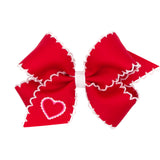 Red with Heart Embroidered Moon Stitch Hair Bow on Clippie, Wee Ones, Alligator Clip, Alligator Clip Hair Bow, cf-size-king, cf-size-medium, cf-type-hair-bow, cf-vendor-wee-ones, Clippie, Cli