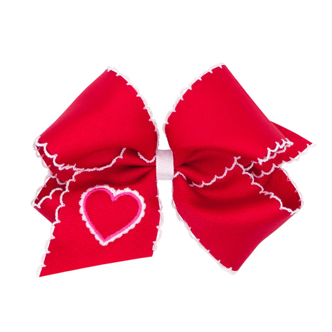 Red with Heart Embroidered Moon Stitch Hair Bow on Clippie, Wee Ones, Alligator Clip, Alligator Clip Hair Bow, cf-size-king, cf-size-medium, cf-type-hair-bow, cf-vendor-wee-ones, Clippie, Cli