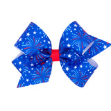 Blue Fireworks Printed Grosgrain Hair Bow on Clippie, Wee Ones, 4th of July, 4th of July Hair Accessory, 4th of July Hair Bow, Alligator Clip, Alligator Clip Hair Bow, Blue Fireworks, cf-size