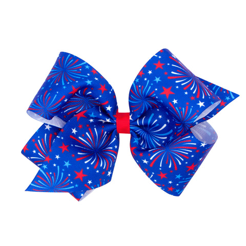 Blue Fireworks Printed Grosgrain Hair Bow on Clippie, Wee Ones, 4th of July, 4th of July Hair Accessory, 4th of July Hair Bow, Alligator Clip, Alligator Clip Hair Bow, Blue Fireworks, cf-size