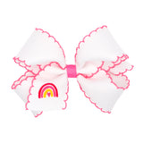 White with Hot Pink Rainbow Embroidered Moon Stitch Hair Bow on Clippie, Wee Ones, Alligator Clip, Alligator Clip Hair Bow, cf-size-king, cf-size-medium, cf-type-hair-bow, cf-vendor-wee-ones,