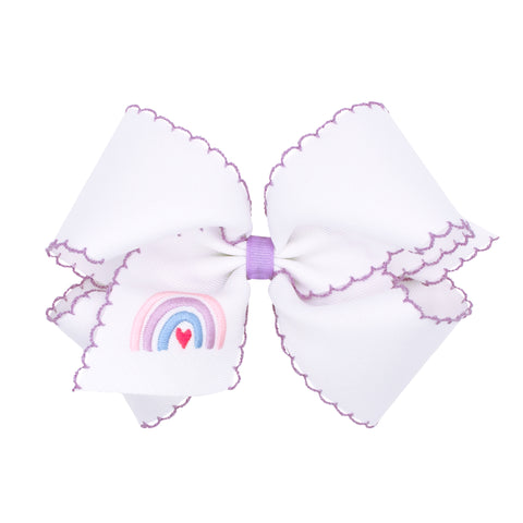 White with Light Orchid Rainbow Embroidered Moon Stitch Hair Bow on Clippie, Wee Ones, Alligator Clip, Alligator Clip Hair Bow, cf-size-king, cf-type-hair-bow, cf-vendor-wee-ones, Clippie, Cl