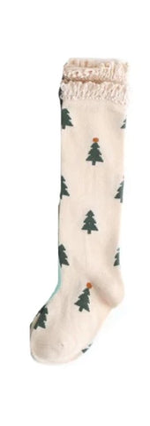 Little Stocking Co Lace Top Knee High Socks - Noble Trees, Little Stocking Co, All Things Holiday, Christmas, Christmas Socks, christmas Tree, Christmas Trees, Holiday, Little Stocking Co, Li