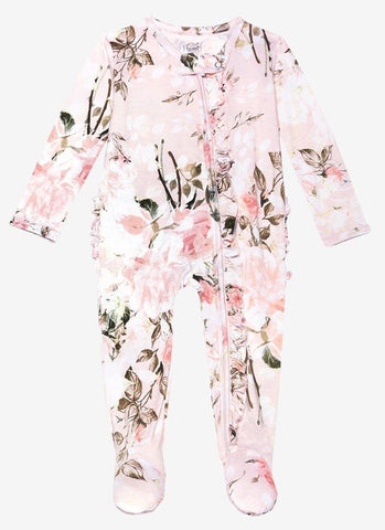 Posh Peanut Vintage Pink Rose Ruffled Zippered Footie, Posh Peanut, Footie with Zipper, Posh Custom Sale, Posh Peanut, Posh Peanut Floral Footie, Posh Peanut Footie, Posh Peanut Footie with Z