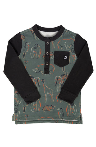 RAGS L/S Henley Pocket Kids Tee - Zoo Animals, RAGS, CM22, JAN23, RAGS, RAGS L/S Henley Pocket Kids Tee, Rags to Raches, Zoo Animals, Sweatshirt - Basically Bows & Bowties