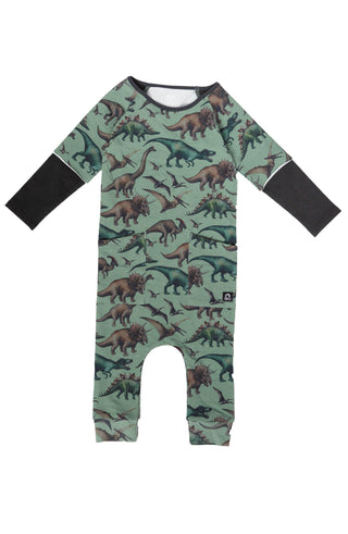 RAGS Layered Raglan Sleeve Big Hip Pocket Romper - Dinos - Green, RAGS, Baseball, cf-size-18-24-months, cf-size-2t, cf-size-3-4y, cf-type-romper, cf-vendor-rags, CM22, Dinosaur, Long Sleeve R