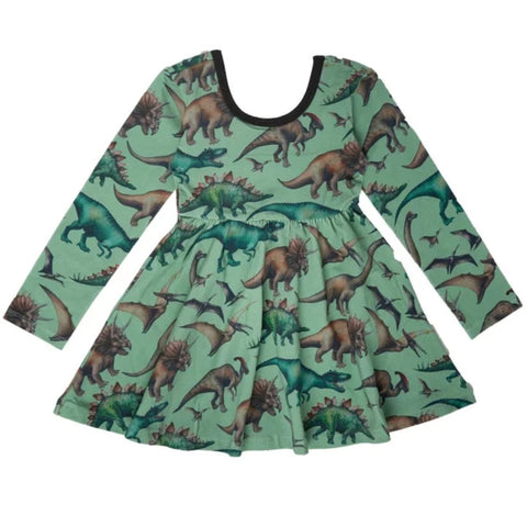 RAGS L/S Swing Dress - Dinos - Green, RAGS, cf-size-12-18-months, cf-size-2t, cf-type-dresses, cf-vendor-rags, CM22, Dinosaur, Dinosaurs, RAGS, RAGS Dinos, RAGS Dress, Rags Fall 2022, RAGS Gi