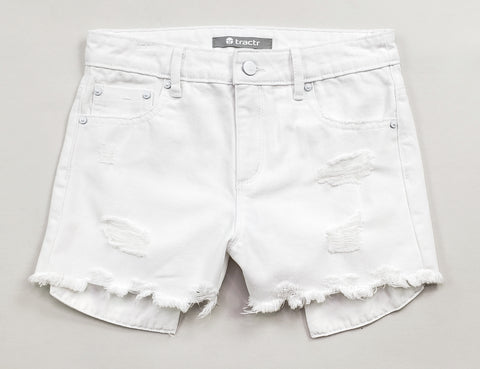 Tractr Girls High Waist Weekender Distressed Shorts - White, Tractr, cf-size-12, cf-size-14, cf-type-shorts, cf-vendor-tractr, Denim Shorts, Shorts, Tractr, Tractr (7-14), Tractr Girls, Tract