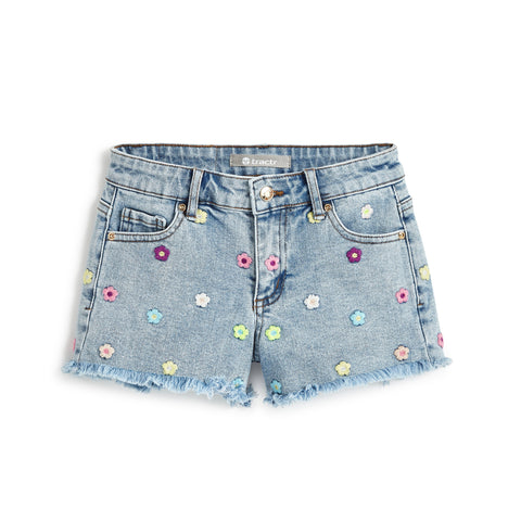 Tractr Girls Floral Embroidered Frayed Hem Shorts, Tractr, cf-size-14, cf-type-shorts, cf-vendor-tractr, Denim Shorts, Floral Embroidered, Floral Shorts, Flower Shorts, Shorts, Tractr, Tractr
