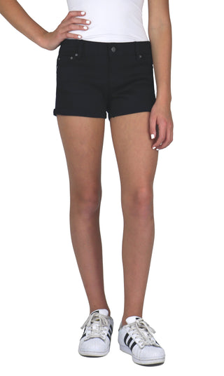 Tractr Girls 5 Pocket Mini Roll Hem Denim Shorts - Black (7-14), Tractr, Denim Shorts, Shorts, Tractor Stars shorts, Tractr, Tractr (7-14), Tractr Black, Tractr Girls, Tractr Girls 5 Pocket M