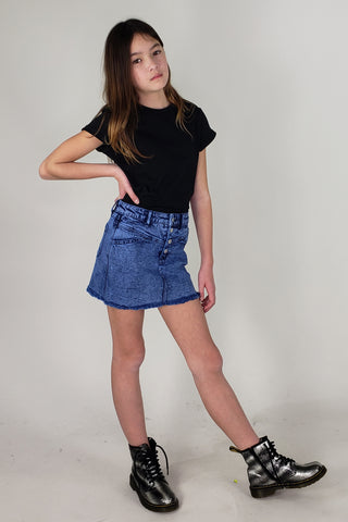 Tractr Girls Blue Button Up Front Yoke Fray Hem Skirt (7-14), Tractr, cf-size-10, cf-size-12, cf-size-14, cf-type-skirt, cf-vendor-tractr, Denim Skirt, Mini Skirt, Skirt, Tractr, Tractr (7-14