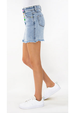 Tractr Girls Rainbow Button Mini Skirt (7-14), Tractr, Denim Skirt, Els PW 5060, Mini Skirt, Neon Button Skirt, Skirt, Summer Sale, Tractr, Tractr (7-14), Tractr Girls, Tractr Girls Rainbow B