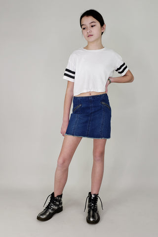 Tractr Zipper Pocket Fray Hem Basic Mini Skirt (7-14), Tractr, cf-size-10, cf-size-12, cf-size-7, cf-type-skirt, cf-vendor-tractr, CM22, Denim, Denim Skirt, Jean Skirt, Skirt, Tractr, Tractr 