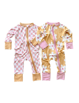 In My Jammers Retro Daisy Zipper Romper, In My Jammers, Bamboo, Bamboo Pajamas, Convertible, Convertible Romper, In My Jammers, In My Jammers Blush Checkerboard, In My Jammers Retro Daisy, In