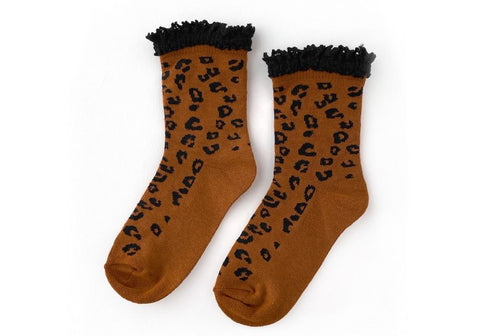 Little Stocking Co Lace Midi Socks - Leopard, Little Stocking Co, Hot Pink Stripe, Lace Ruffle Socks, Lace Socks, Little Stocking Co, Little Stocking Co Lace Midi, Little Stocking Co Lace Mid