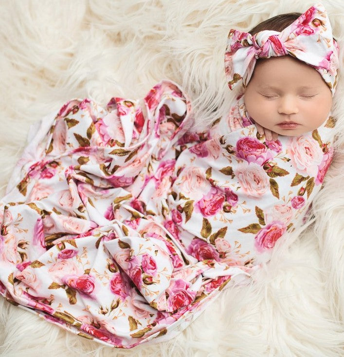 Posh Peanut Pink Rose Swaddle & Headband Set Basically Bows & Bowties