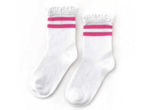 Little Stocking Co Lace Midi Socks - Hot Pink Stripe, Little Stocking Co, Hot Pink Stripe, Lace Ruffle Socks, Lace Socks, Little Stocking Co, Little Stocking Co Lace Hot Pink Stripe Midi Sock