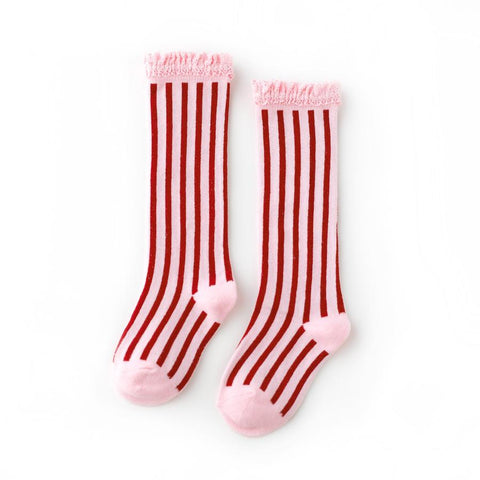 Little Stocking Co Lace Top Knee High Socks - Candy Stripe, Little Stocking Co, All Things Holiday, Candy Cane Stripe, Christmas, Christmas Socks, Holiday, Little Stocking Co, Little Stocking