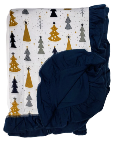 Kozi & Co Silver & Gold Trees Large Blanket with Ruffles, Kozi & co, All Things Holiday, Christmas Blanket, CM22, Cyber Monday, Kozi & Co Christmas, Kozi & Co Holiday, Kozi & Co Holiday 2019,