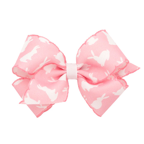 Mini King Moonstitch Pink Bunny Printed Hair Bow on Clippie, Wee Ones, Alligator Clip, Alligator Clip Hair Bow, Clippie, Clippie Hair Bow, CM22, Easter, Easter Bow, Easter Hair Bow, EB Girls,