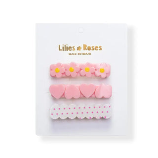 Lilies & Roses Three Combo Alligator Clip Set - Lt Pink + Dots, Lilies & Roses, 3 piece Clip Set, Clip Set, Clippie, Clippie Set, Hair Clips, Lilies & Roses, Lilies & Roses Clip Set, Lilies &