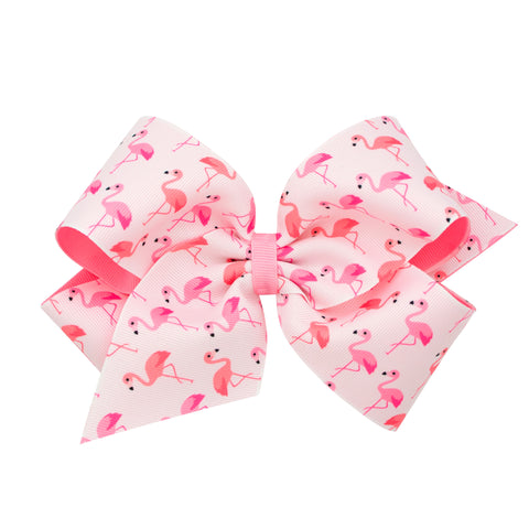 King Printed Overlay Hair Bow on Clippie - Flamingo, Wee Ones, Alligator Clip, Alligator Clip Hair Bow, Clippie, Clippie Hair Bow, Hair Bow, Hair Bow on Clippie, Hair Bows, Large Flamingo Pri