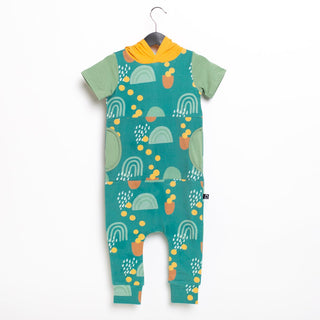 RAGS S/S Hooded Peak Pocket Rag Romper - Abstract Rainbow Shapes, RAGS, cf-size-12-18-months, cf-type-romper, cf-vendor-rags, CM22, MovingSummer2022, Orange, RAGS, RAGS Abstract Rainbow Shape