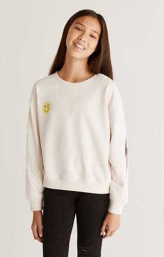 Z Supply Girls Noa Graphic Sweatshirt - Sandstone, Z Supply, JAN23, Lightning Bolt, Smiley Face, Top, Tween Girl, tween girls, Tween Girls Clothing, Z Supply, Z Supply Girls, Z Supply Girls N