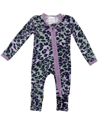 Esme Purple Cheetah Infant Flip Footie w/Lace Trim, Esme, cf-size-0-3-months, cf-size-3-6-months, cf-type-pajama-set, cf-vendor-esme, Esme, Esme Footie, Esme Pajamas, Esme Purple Cheetah, Esm