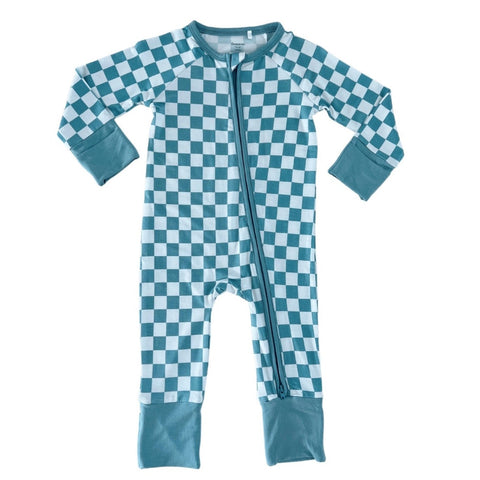 In My Jammers Teal Checkerboard Zipper Romper, In My Jammers, Bamboo, Bamboo Pajamas, Convertible, Convertible Romper, In My Jammers, In My Jammers Teal Checkerboard L/S 2pc PJ Set, In My Jam