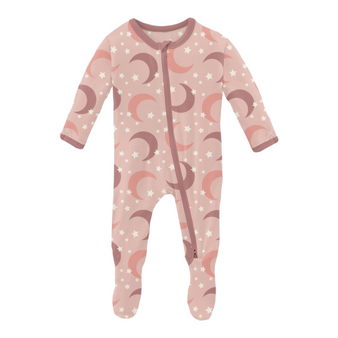 KicKee Pants Peach Blossom Moon and Stars Footie with 2 Way Zipper, KicKee Pants, cf-size-0-3-months, cf-size-3-6-months, cf-size-newborn, cf-type-footie, cf-vendor-kickee-pants, Footie with 