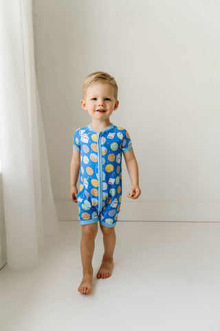 Little Sleepies Blue Cookies & Milk Shorty Romper/Sleeper, Little Sleepies, Bamboo Pajamas, CM22, Cookies & Milk, Footie, Little Sleepies, Little Sleepies Bamboo, Little Sleepies Blue Cookies