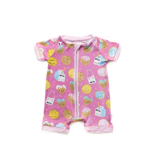 Little Sleepies Pink Cookies & Milk Shorty Romper/Sleeper, Little Sleepies, Bamboo Pajamas, CM22, Cookies & Milk, Footie, Little Sleepies, Little Sleepies Bamboo, Little Sleepies Cookies & Mi