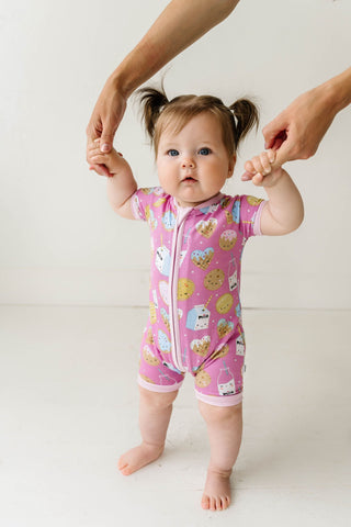 Little Sleepies Pink Cookies & Milk Shorty Romper/Sleeper, Little Sleepies, Bamboo Pajamas, CM22, Cookies & Milk, Footie, Little Sleepies, Little Sleepies Bamboo, Little Sleepies Cookies & Mi