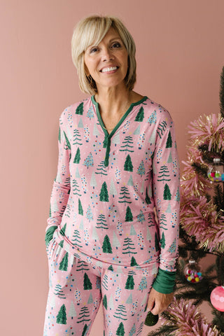 Little Sleepies Pink Twinkling Trees Women's Bamboo 2pc Pajama Set, Little Sleepies, Adult Christmas Pajamas, All Things Holiday, Bamboo Pajama, Bamboo Pajama Set, Bamboo Pajamas, Christmas, 