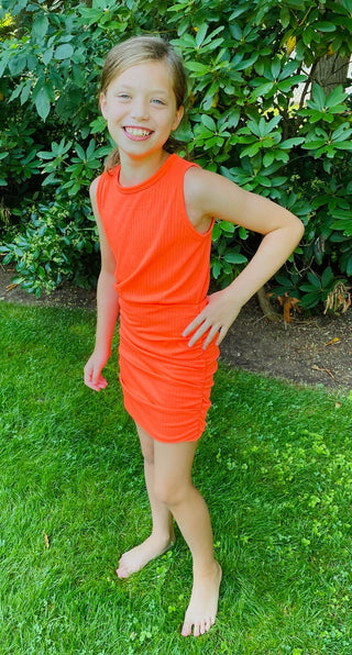 Tweenstyle Solid Jersey Racerback Ruched Dress in Neon Coral, Tweenstyle, cf-size-14, cf-size-8, cf-type-dresses, cf-vendor-tweenstyle, Dress, Made in the USA, Neon Coral, Racerback dress, Ru