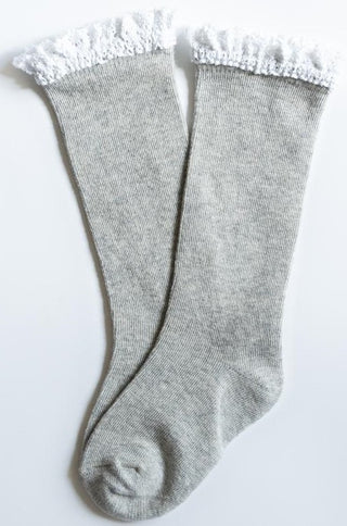 Little Stocking Co Lace Top Knee High Socks - Gray + White, Little Stocking Co, Little Stocking Co, Little Stocking Co Fall 2020, Little Stocking Co Gray + White, Little Stocking Co Gray + Wh