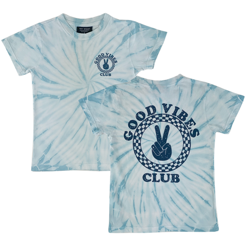 Tiny Whales Good Vibes Club Blue Tie Dye S/S Tee, Tiny Whales, Boys Clothing, cf-size-8y, cf-type-shirt, cf-vendor-tiny-whales, CM22, Good Vibes Club, Made in the USA, Tiny Whales, Tiny Whale