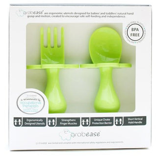 Green Apple Grabease Fork & Spoon Set, Grabease, Baby Fork and Spoon Set, CM22, Cyber Monday, EB Baby, First Self Feeding Utensil Set of Spoon and Fork for Toddlers, Grab Ease, Grabease, Grab