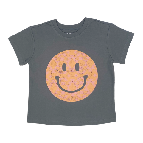 Tiny Whales Happy Camper Girls Faded Black S/S Boxy Tee, Tiny Whales, Boxy Tee, Happy Camper, Made in the USA, Smiley, Smiley Face, Tiny Whales, Tiny Whales Boxy S/S Tee, Tiny Whales Clothing