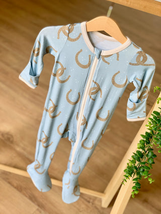Kozi & Co Blue Horseshoes Footie with Zipper, Kozi & co, CM22, horseshoes, Horshoes Footie, Kozi, Kozi & Co, Kozi & Co Blue Horshoes, Kozi & Co Country, Kozi & Co Country 2.0, Kozi & Co Count