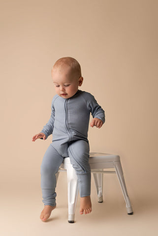In My Jammers Solid Dusty Blue Ribbed Zipper Romper, In My Jammers, Bamboo, Bamboo Pajamas, cf-size-12-18-months, cf-size-18-24-months, cf-size-2t, cf-type-pajamas, cf-vendor-in-my-jammers, C